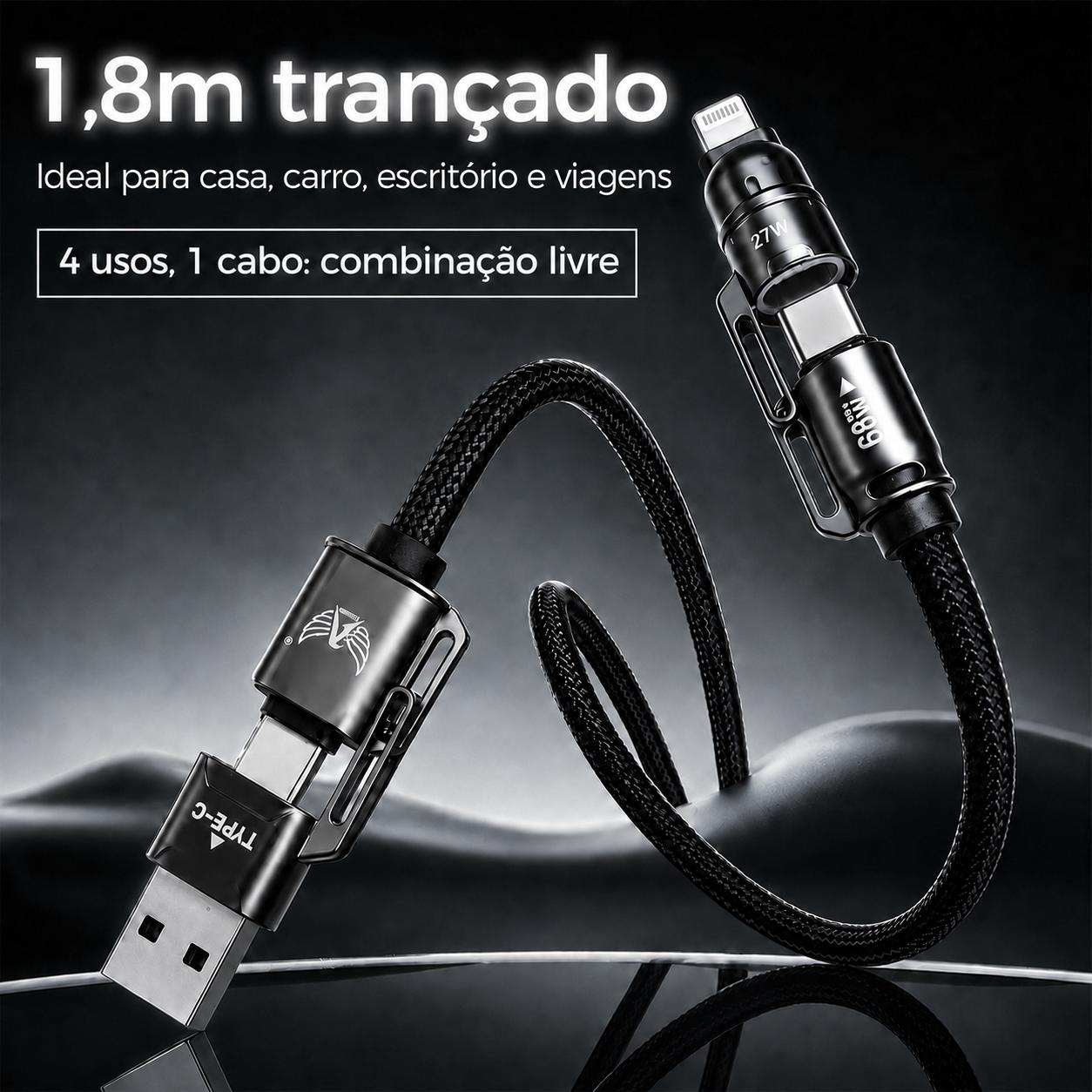 Cabo Altomex 4 em 1 com carregamento rápido de 65 W, USB-C e Lightning, da Vapto